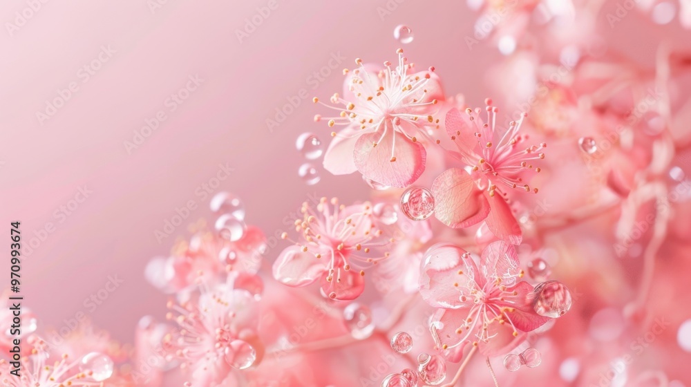 Wall mural Pink sakura flowers with water drops on light pink background. Floral background.