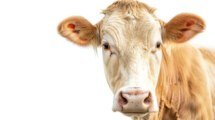 Closeup head shot of cow face isolated on white background