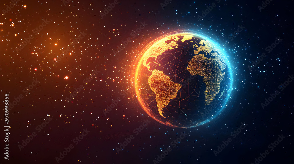 Poster glowing earth with digital network lines and stars background animation - futuristic abstract backgr