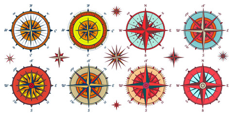 Vintage marine wind rose, nautical chart. Colorful navigational compass with cardinal directions of North, East, South, West. Geographical position, cartography and navigation. Vector illustration