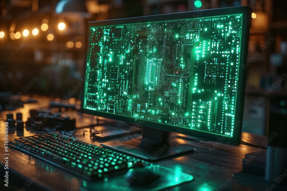 Poster computer screen displaying circuit board