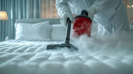 A professional maid using a steam cleaner on hotel mattress