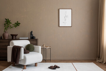 Modern Earth-Tone Interior. An earth-toned, modern living room with cozy furniture and abstract wall art. Perfect for promoting warm, inviting home spaces.
