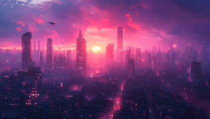 Fototapeta premium Futuristic Cityscape with Pink Sky