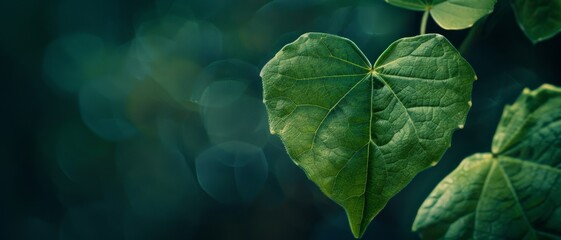 A vivid green heart-shaped leaf glows in soft focus against a deep, lush background, representing nature's beauty and tranquility.