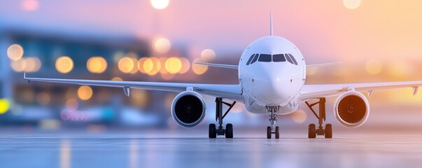 Fototapeta premium A small white airplane is sitting on the tarmac at an airport. The plane is surrounded by a bright light, which creates a sense of excitement and anticipation for the passengers about to board