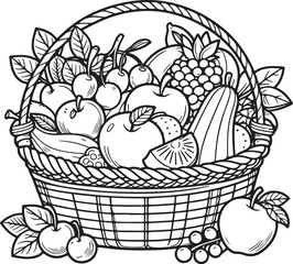 A fruit basket lineart coloring book illustration for kids