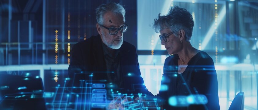 An elderly couple intently investigates a high-tech interface in a dark room, awash with holographic displays and a palpable atmosphere of curiosity and collaboration.
