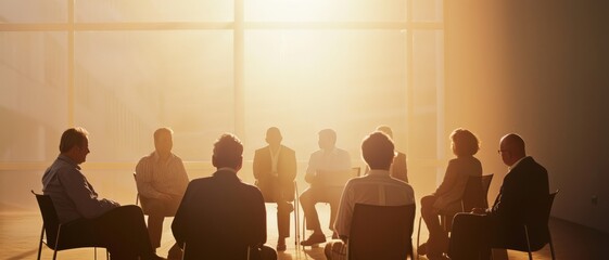 A group of people sits in a circle, bathed in warm sunlight, engaged in an exchange during a meeting or support group session in a large, bright room.