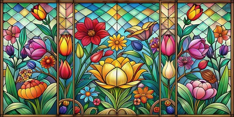 Colorful flowers and leaves in art deco style with stained glass , art deco, modern, trendy, floral arrangement