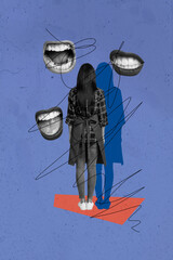 Vertical photo collage of scream mouth faceless human bullying concept innocent anonym girl stand...