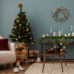 Amazing and cozy christmas living room interior with modular sofa, boucle armchair, wooden consola,...