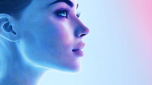 Close-up of a female face with a digital grid overlay and intense lighting - Powered by Adobe