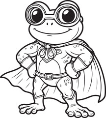 A super hero frog lineart coloring book illustration for kids