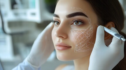 Side view of a woman with detailed cosmetic markings on her face for facial lifting and contouring