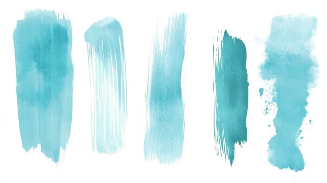 A collection of aquamarine watercolor paint smudges and brush marks on a white background forms an abstract design, highlighting textured strokes on water-based paper and emphasizing unique texture.