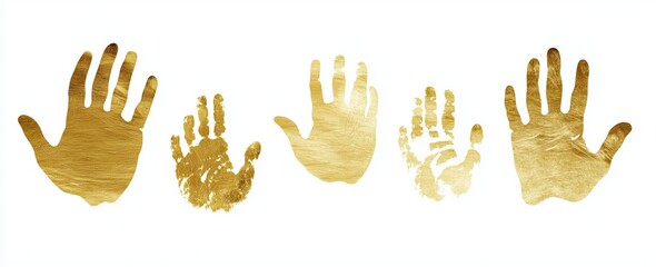 Collection of gold handprints in various styles on white background for art and design