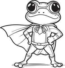 A super hero frog lineart coloring book illustration for kids