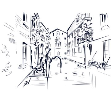 Fototapeta Treviso city canal in the morning, black and white sketch 