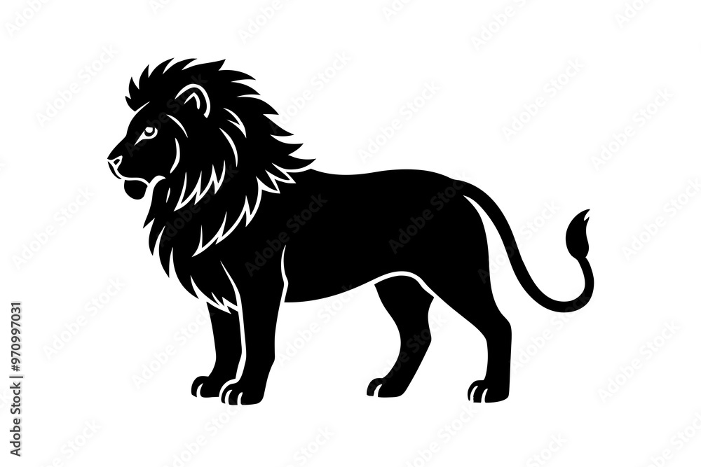 Wall mural hand drawn lion in a minimal linocut style. 4k silhouette black color vector art illustration