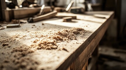 Close-up of a Woodworking Bench with Sawdust