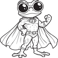 A super hero frog lineart coloring book illustration for kids