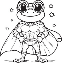 A super hero frog lineart coloring book illustration for kids