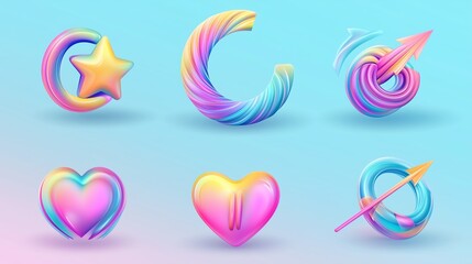 Obraz premium Colorful 3D abstract shapes including a star, heart, and arrows against a soft blue background