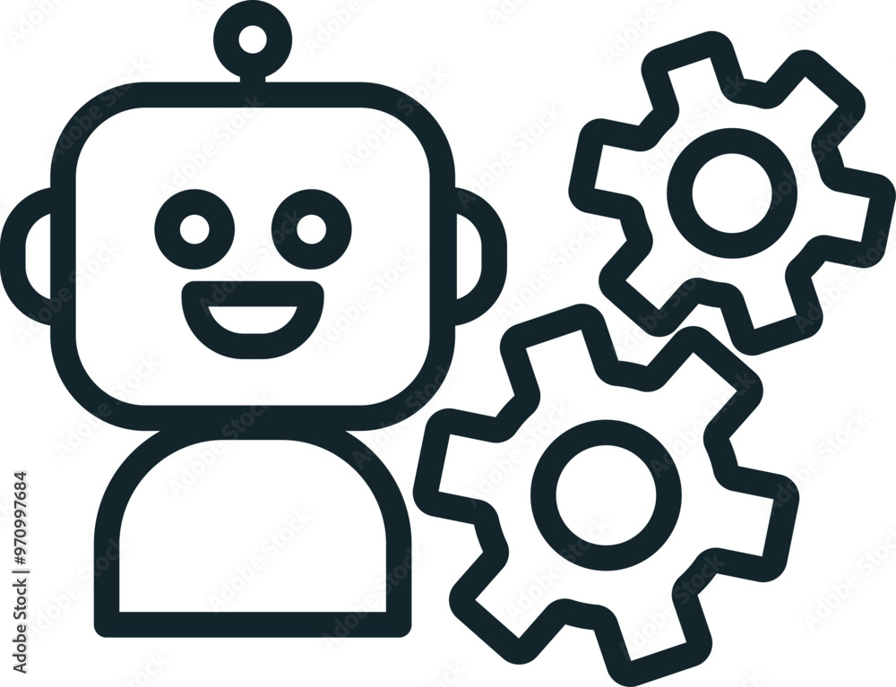 Poster happy robot thinking with gears showing artificial intelligence