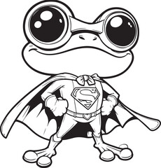 A super hero frog lineart coloring book illustration for kids