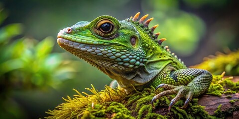 A sinister-looking, scaly, green venomous lizard perches on a moss-covered rock, its piercing eyes and razor-sharp claws conveying a sense of menace and danger.