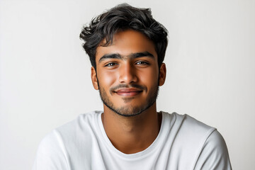 Obraz premium Young man wearing casual white t shirt happy face smiling with crossed arms looking at the camera. positive person.