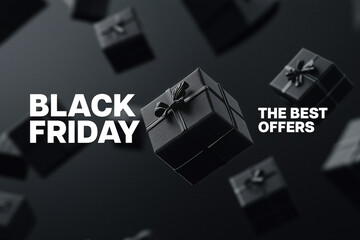 Fototapeta premium Black Friday banner with black gift boxes. Premium concept in dark background.