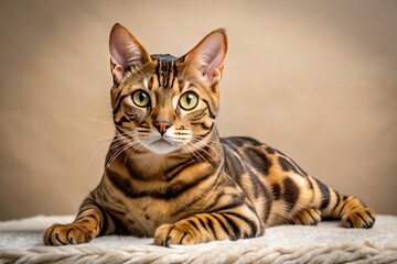 A sleek black marble Bengal cat with striking golden eyes and distinctive spotting lounges on a soft, creamy background, exuding elegance and refinement.