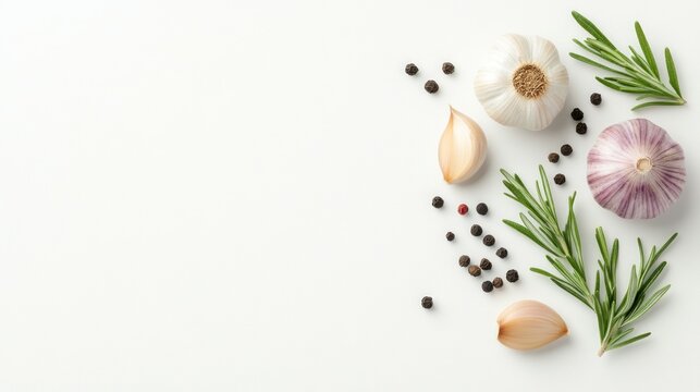 arrangement of garlic bulbs, garlic cloves, rosemary, thyme, and various spices 