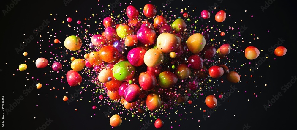 Poster vibrant apple explosion in a spherical formation circular array created by scattered apple elements 