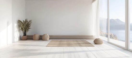 Minimalist white room interior featuring wooden flooring large wall decor with landscapes visible through windows Nordic design aesthetic 3D rendering of a serene living space
