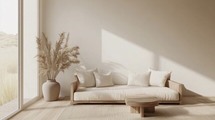 Beige minimalist interior featuring a sofa on wooden flooring decor on a large wall and a white landscape visible through the window Nordic home design 3D illustration