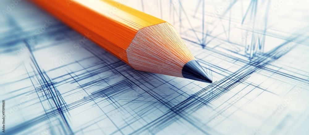 Poster 3d illustration depicting a gallery design sketched on a graph using a pencil showcasing abstract te