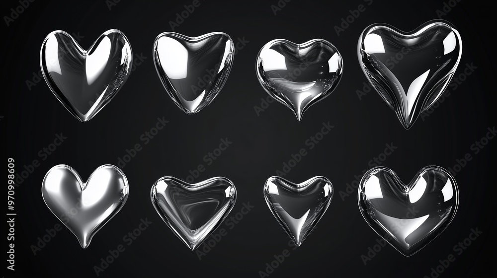 Poster shiny glass heart shapes arranged on a dark background showcasing various sizes and styles in a crea