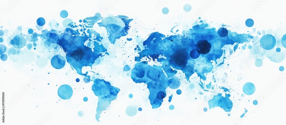 Poster abstract map filled with varying sizes of blue circles set against a clean white background