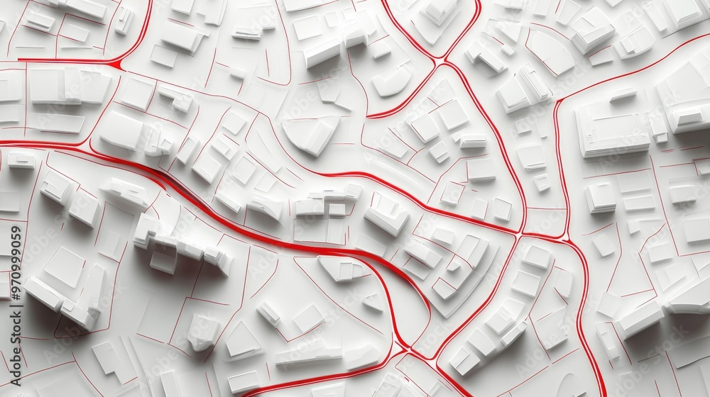 Poster map of streets created with red lines on white paper aerial flat view design in 3d rendering illustr