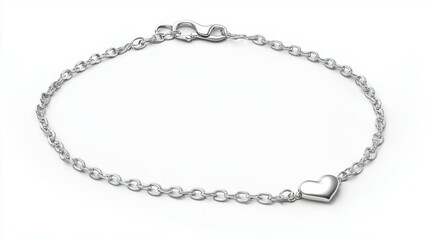 Fototapeta premium A thin silver chain bracelet with a small heart pendant, solid white background