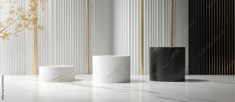Poster 3d rendering of an empty product display scene featuring a cylindrical podium in white light gray an