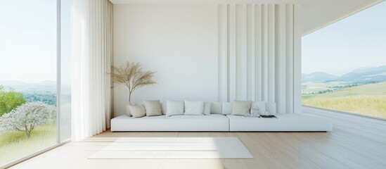 Minimalist white living room featuring a sofa on wooden flooring decor adorning a spacious wall and a bright landscape visible through the window Nordic home interior design 3D rendering