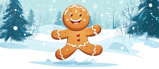 Cartoon Gingerbread Man Character Running in a Winter Setting Flat Design Raster Illustration