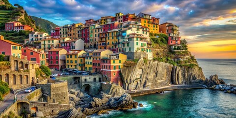 Stunning view of colorful buildings perched on cliffs overlooking the sea in Cinque Terre, Italy, Cinque Terre, picturesque, view