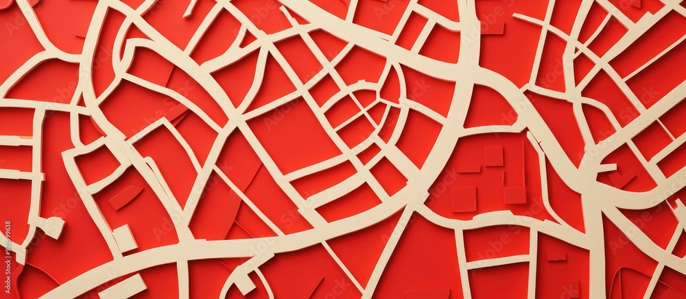 Poster map illustration featuring street layouts created with white lines on a red paper background display