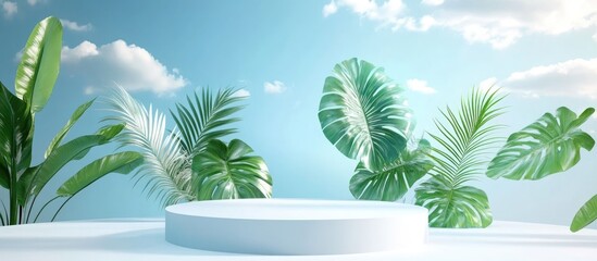 Obraz premium 3D rendering of an abstract podium display featuring tropical leaves against a backdrop of blue sky clouds Ideal for product promotion and advertising in a serene pastel setting