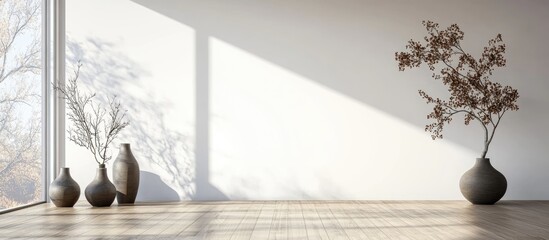 Minimalist interior of a white room featuring vases on a wooden floor decorative elements on a large wall and a scenic white view through the window 3D illustration of a nordic design